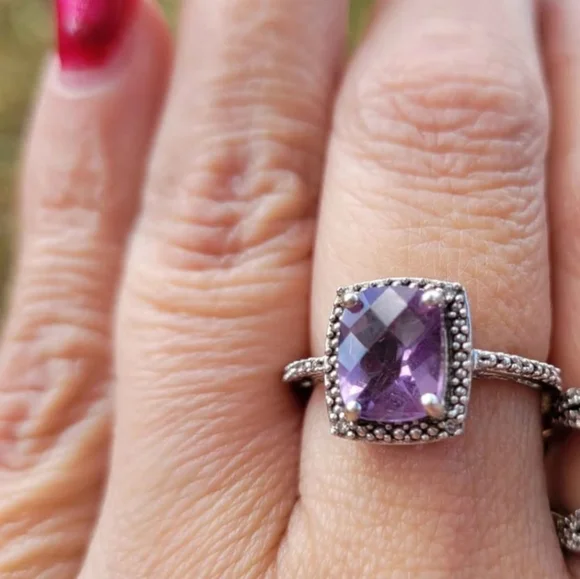 Fancy Cut Genuine Amethyst Diamond BandPurple Gemstone White Gold Ring